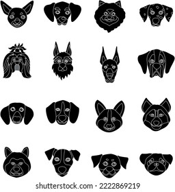 Purebred dogs faces flat black and white vector icon collection set