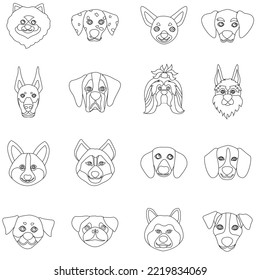 Purebred dogs faces flat outline vector icon collection set