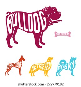 Purebred dogs with name of breed inside silhouettes.  Colorful set. Vector illustration