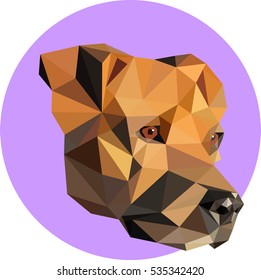 Purebred dogs in a polygon style. Fashion illustration of the trend in style on a pink background. Farm animals. Portrait of a dog.