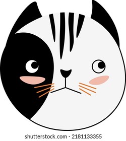 Perro felino purebred, bozal de gato aislado con expresión de cansancio o aburrimiento. Hocico gitano, retrato o mascota doméstica. Encantador pussycat con bigotes largos y pieles negras. Vector de estilo plano