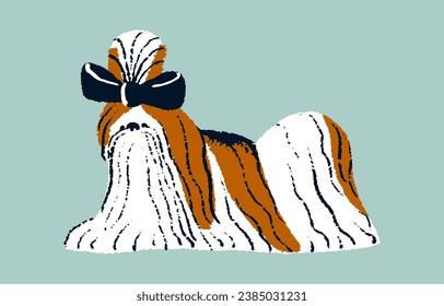 Purebred shih tzu puppy on doggy show. Toy dog breed with lovely bow on long coat, grooming fur. Funny decorative pup companion. Cute domestic animal, fluffy pet. Flat isolated vector illustration.