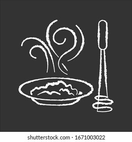 Puree chalk white icon on black background. Creamy vegetable paste, culinary method. Food cooking process. Delicious potato mash, applesauce, hummus dish isolated vector chalkboard illustration