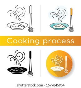 Puree icon. Linear black and RGB color styles. Creamy vegetable paste, culinary method. Food cooking process. Delicious potato mash, applesauce, hummus dish isolated vector illustrations