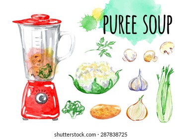 Puree soup. Healthy fresh cocktail. Vegetable juice. Vector watercolor. Isolated. Food background. Fungi, celery; greens, garlic, potato, parsley, cauliflower, broccoli. Red blender. 