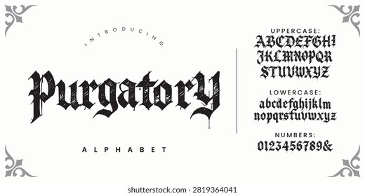Purgatory dark medieval gothic blackletter alphabet typography featuring extreme sharp spikes and cursed details