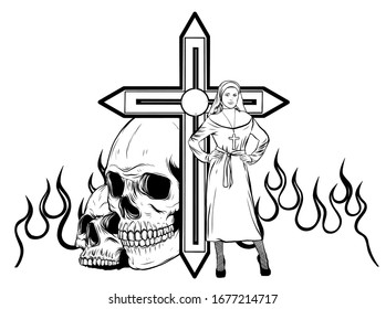 Purgatory nun in fire cartoon character vector