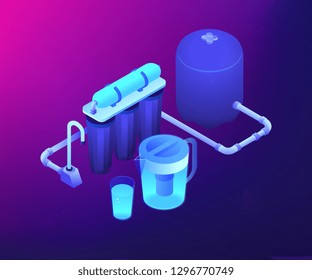 Purification Filters Cleansing Liquid By Lowering Contamination. Water Filtering System, Home Water Treatment, Water Delivery Service Concept. Ultraviolet Neon Vector Isometric 3D Illustration.