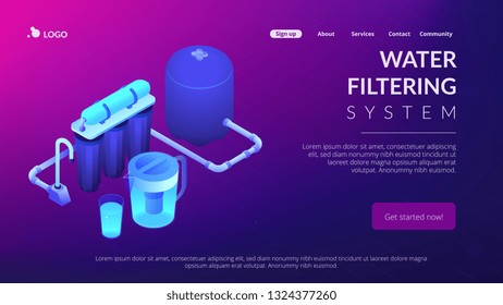 Purification Filters Cleansing Liquid By Lowering Contamination. Water Filtering System, Home Water Treatment, Water Delivery Service Concept. Isometric 3D Website App Landing Web Page Template