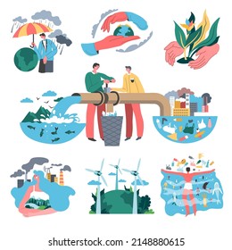 Purification and filtration process, water pollution and nature preservation. People caring for nature, sustainable energy and renewable sources on planet earth. Vector in flat style illustration