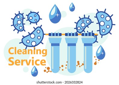 Purification and filtration of water from germs and harmful chemical elements, cleaning service. Tanks or containers with filters helping to clean liquid from tap. Vector in flat style illustration