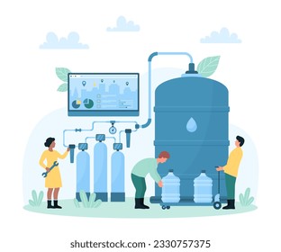 Purificación, distribución en línea e ilustración de vectores de suministro de agua limpia. Los pequeños mensajeros caricaturizan cargando galones de agua potable después de filtración en la planta de tratamiento, la gente lleva refrigerador de plástico