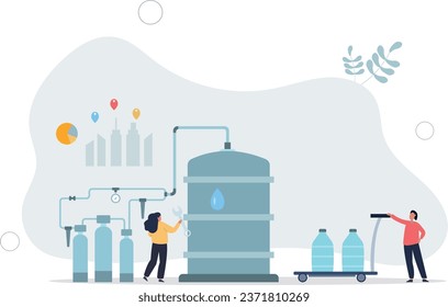 Purificación, distribución en línea y suministro de agua potable.galones de agua potable tras filtración en planta de tratamiento.ilustración vectorial plana