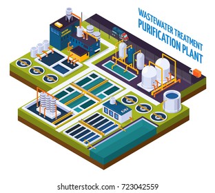 Purification plant with water cleaning, pumping station, filters, separators, isometric composition with trucks on road vector illustration