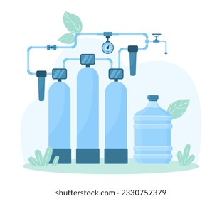 Reinigungssystem für die Erzeugung von sauberem Wasser, Vektorgrafik. Caron Automation von Tanks und Rohrleitungen unter Druck für die Wasseraufbereitung und Plastikflasche für die Lagerung und Lieferung