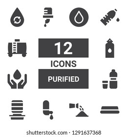 purified icon set. Collection of 12 filled purified icons included Water, Watering, Water dispenser, Water tank