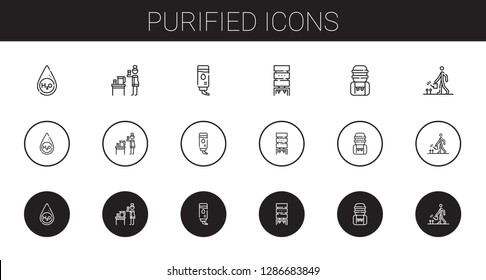 purified icons set. Collection of purified with water, water dispenser, water tank, watering. Editable and scalable purified icons.
