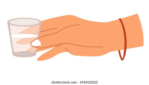 Purified Water In Clear Glass, Hand Holding Cup With Beverage. Isolated Female Character Enjoying Springs Liquid, Healthy Habit Of Drinking On Breakfast Or Before Eating Food. Vector In Flat Style