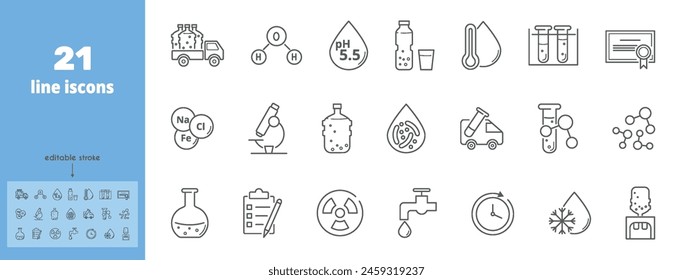 Purified water delivery line icons set. Molecule, freezing point, bacterial, heavy metals, tap, clean, drop, faucet, hot, drink, vector illustration. Editable stroke.