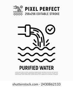 Purified water, water drain, sewage treatment thin line icon. Editable stroke. Vector illustration.