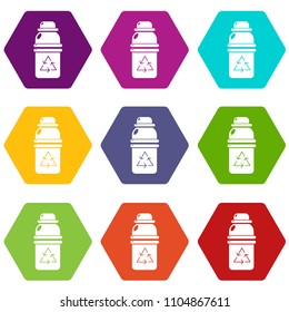 Purified water drink container icons 9 set coloful isolated on white for web
