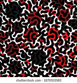 Purificante piel de pez con burbujas monocromáticas. Fondo de tracería ornamentado en blanco y negro con círculos rojos y negros. Textura de patrón sin fisuras dibujada a mano para diseño o impresiones