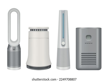 Purificadores. Interior realista moderno gadgets humidificadores para el sistema de control del clima en sala de estar plantilla vectorial decente