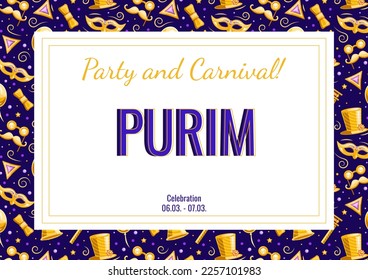 Purim announcement poster with copy space for text, vector banner, advertising, announcement of an event, holiday invitation with golden seamless pattern.