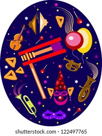 purim background,with purim mask and holidays symbols.