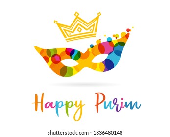 Purim banner with colored mask, design template. Happy Purim text, gold crown and colorful carnival mask. Jewish holiday vector illustration