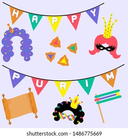 Purim banner template design. Jewish holiday vector illustration card. Happy Purim in Hebrew. Traditional vector greeting card. Graphic design. Greeting banner concept. Decoration background element