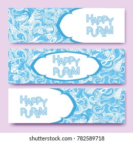 Purim banners collection with carnival masks and jaster hats, crowns, traditional Hamantaschen cookies. Happy Purim. Blue and white colors. Vector illustration.
