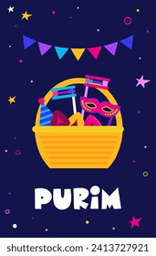 Purim basket, Purim gift basket with foods, wine, gragger and carnival costume accessories on pink, web banner