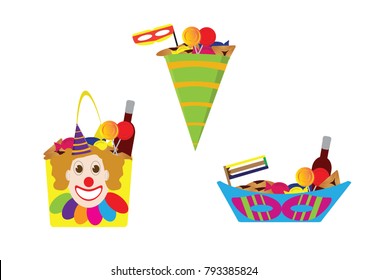 Purim baskets - clown hat, mask and clown face