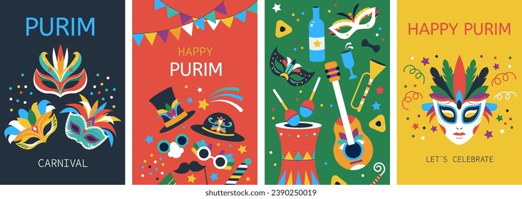 Purim carnival cards, festival cartoon posters with confetti and masks. Festive greetings banners, party invitation decent vector graphic template