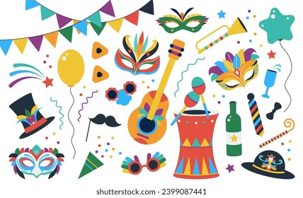 Purim carnival clipart. Festive masks, musical instruments, party hat and confetti. Props and accessories, jewish festival decent vector collection