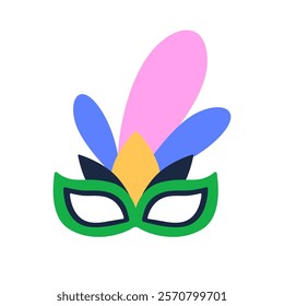 Purim carnival face mask, festive glasses with feathers decoration. Holiday party accessory for funny Jewish masquerade, festival celebration. Flat vector illustration isolated on white background