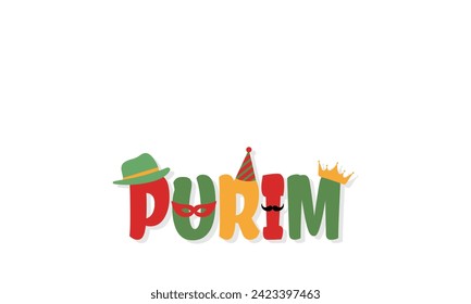 Purim carnival and festival concept. Colorful Purim with the green hill on a white background with hat, crown, fancy mask, and David star for greeting card, banner, and website. Jewish holiday.