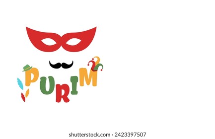 Purim carnival and festival concept. Colorful Purim with the green hill on a white background with hat, crown, fancy mask, and David star for greeting card, banner, and website. Jewish holiday.