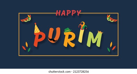 Purim carnival and festival concept. Purim with yellow rectangular border on dark blue background with hat, crown, fancy mask, David star for greeting card, banner, website. Jewish holiday.