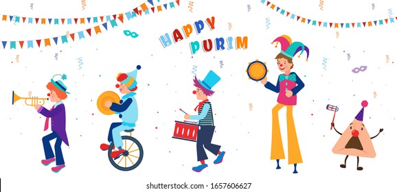 Purim Carnival funfair parad banner template design, Jewish holiday vector illustration . Happy Purim. Clowns in costums and haman ears cookies, confetti, flag garlands