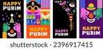 Purim carnival greeting card collection, Happy Carnival, colorful geometric background with splashes, speech bubbles, masks and confetti. Vector design