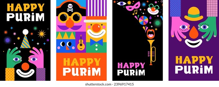 Recogida de tarjetas de felicitación del carnaval Purim, Carnaval feliz, fondo geométrico colorido con salpicaduras, burbujas de habla, máscaras y confeti. Diseño de vectores