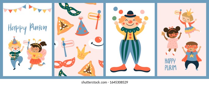 Purim carnival greeting card design with cute children and clown characters. Childish print for card, stickers and party invitations. Vector illustration
