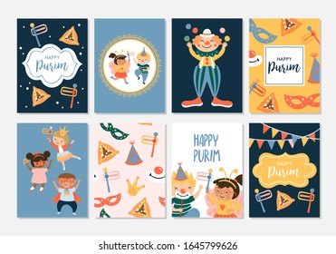 Purim carnival greeting card design with cute children and clown characters. Childish print for card, stickers and party invitations. Vector illustration