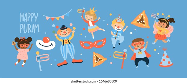 Purim carnival greeting card design with cute children and clown characters. Childish print for card, stickers and party invitations. Vector illustration