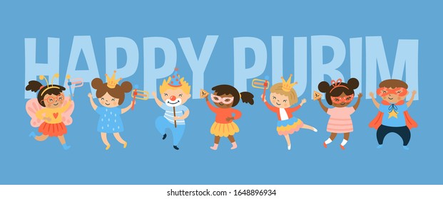 Purim carnival greeting card design with cute children  characters. Childish print for card, stickers and party invitations. Vector illustration