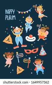 Purim Carnival Grußkartendesign mit süßen Kindern und Clownfiguren. Childischer Druck für Karten, Aufkleber und Einladungen zu Feiern. Vektorillustration