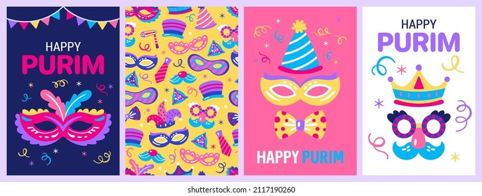 Purim carnival greeting card set with cute carnival mask and hat. Childish print for card, poster and party invitation