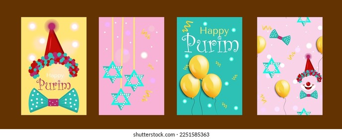 Purim carnival greeting card set with cute clown hat for social media, post template. Childish print for poster and party invitation. Jewish star.